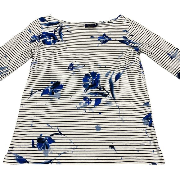 Polo Ralph Lauren Top Women's Medium White Blue Flowers and Stripes 3 /4 Sleeves - Picture 13 of 16